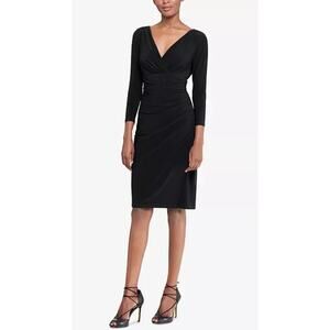 Lauren Ralph Lauren Dress Womens 14 Black Faux Wrap Stretch Shirring V-Neck